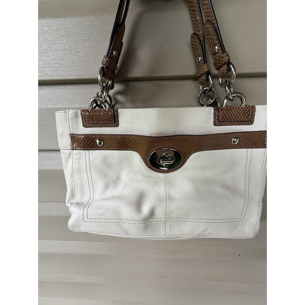 COACH Penelope Ivory Leather Brown Snakeskin Carryall Tote Bag